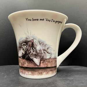 May include: White ceramic mug with a handle, featuring a watercolour illustration of a grey tabby cat lying down. The mug has the text "You love me 'Cos I'm gorgeous" written on it. The mug is a standard size for tea or coffee.