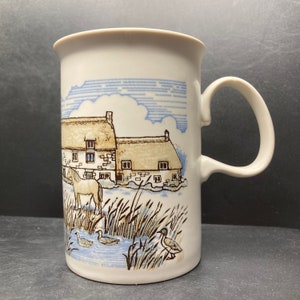 Vintage Dunoon Village Pond scene with horse and ducks stoneware mug made in Scotland