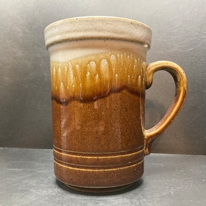 May include: A brown and white ceramic mug with a wide rim and a handle. The mug has a brown glaze with a white band around the top.