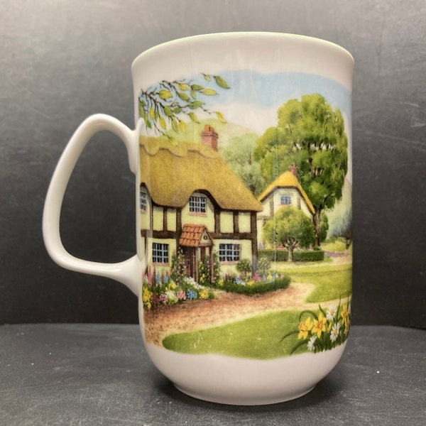 Vintage Rose of England Thatched Cottages by Church Village Scene bone china mug made in England