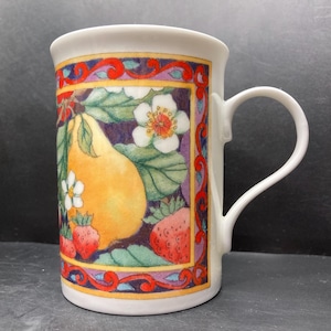 Vintage Crown Trent Pear Plums Strawberries Cherries & Blossom Fine Bone China Mug Made in Staffordshire England