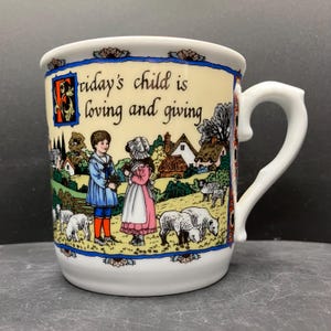 Vintage 1990 Royal Worcester Birthday Mugs Friday’s Child is Loving and Giving Fine Porcelain Mug Sue Scullard Made in England