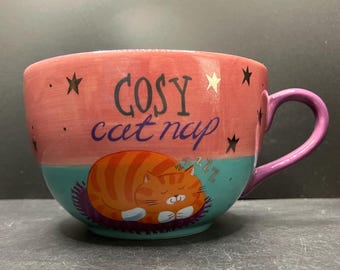 Vintage 2002 Whittard of Chelsea Cool Yule Collection Cosy Cat Nap Snug on a Rug Ceramic Cappuccino Cup *No Saucer*