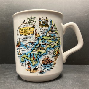 Mug vintage en céramique, carte des Cornouailles, terre d'histoire et de légende des Cornouailles fabriquée en Angleterre Tams