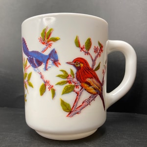 Vintage Arcopal Bluejay bird toughened white glass mug made in France
