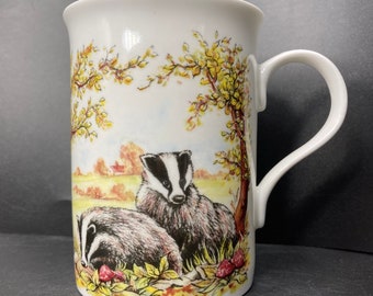 Vintage Crown Trent Badgers and Hedgehog rural scene fine bone china mug Staffordshire England