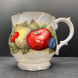 Vintage Queen’s China Grapes Cherries Pear Apple & Plums English Fine Bone China Footed Mug Made in Staffordshire England