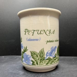 Könnte beinhalten: Ein cremefarbener Keramikbehälter mit dem Wort "PETUNIA" in grüner Schrift. Der Behälter zeigt blaue Petunienblüten und grüne Blätter. Der Text "(solanaceae)" und "-petunia violacea" ist ebenfalls vorhanden.