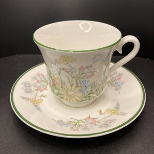 Könnte beinhalten: Weißes Tee-Set mit Blumendesign. Die Tasse und Untertasse haben einen grünen Rand. Die Teetasse hat einen Henkel und steht auf der Untertasse. Das Blumendesign umfasst gelbe, blaue und rosa Blumen.