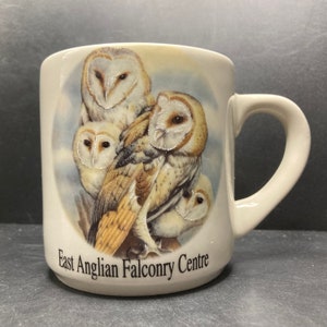 Vintage East Anglian Falconry Centre ceramic mug depicting Barnowl family