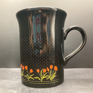 Vintage Kilncraft Coloroll Little Red Tulips on Black Background Ceramic Mug Made in England