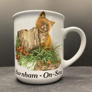 Op de afbeelding: Witte keramische mok met een gedetailleerde illustratie van een vosje dat achter een boomstronk vandaan piept. Het kunstwerk bevat groen gras, paddenstoelen en de tekst "Burnham - On-Sea". De mok heeft een groot, gebogen handvat.