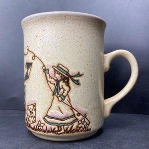 Vintage Ashdale Girls Wearing Boater Hats flying kites embossed stoneware mug made in England