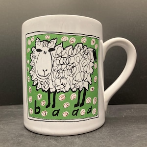 Vintage McLaggan Smith Delicious Baaa Cartoon Sheep Green & White Ceramic Mug Jamestown Scotland *Flawed*