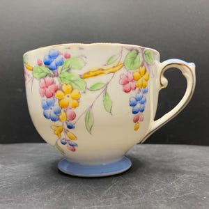 May include: A vintage teacup with a floral design. The cup features a cream-colored base with a light blue foot and handle accents. Colorful flowers in shades of pink, yellow, and blue adorn the cup's exterior, with green leaves and gold trim.