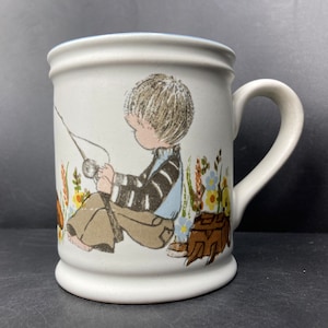Vintage Denby Dream Weavers boy fishing ceramic mug made in England