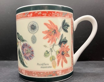 May include: White ceramic mug featuring a botanical design of passion flowers in shades of orange, pink, and green. The mug has a white handle and a decorative border with red and green accents. The text "Passiflora manicata" is printed on the mug.