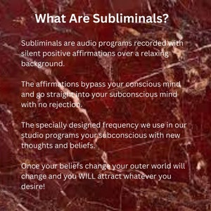 Pode incluir: Texto sobre um fundo de m&aacute;rmore vermelho que explica o que s&atilde;o mensagens subliminares. O texto diz: "What Are Subliminals? Subliminals are audio programs recorded with silent positive affirmations over a relaxing background. The affirmations bypass your conscious mind and go straight into your subconscious mind with no rejection. The specially designed frequency we use in our studio programs your subconscious with new thoughts and beliefs. Once your beliefs change your outer world will change and you WILL attract whatever you desire!"
