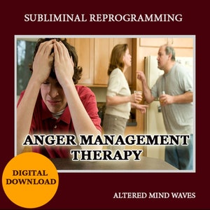 Puede incluir: Una descarga digital para terapia de reprogramación subliminal para el manejo de la ira. La portada presenta a una persona joven con la cabeza en las manos, con aspecto de angustia, mientras una pareja discute en el fondo. El texto "Descarga digital" está en un círculo amarillo.