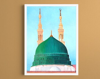 Nabawi mosque poster, Medina, Saudi Arabia, islamic wall art, green dome. Prophet's masjid, Al masjid an nabawi painting, Madinah home decor