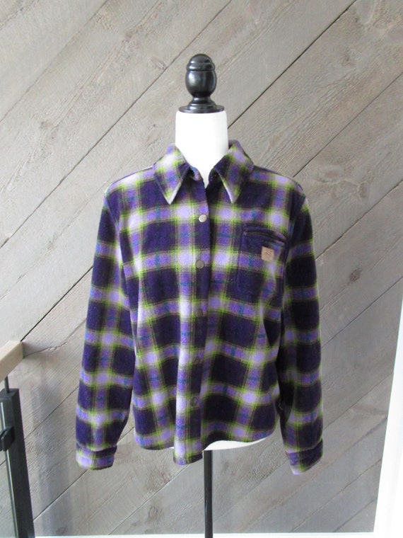90s Plaid Fleece Flannel Shirt / Purple + Green /