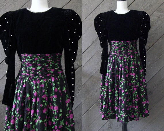 Vintage 80s Velvet Floral Dress/ Semi Formal/ Part