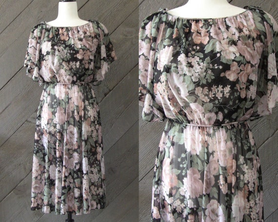 Vintage 80s Floral Chiffon Dress, Semi Formal Shee
