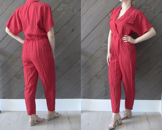 Vintage 80s Red Jumpsuit/ Slim leg Onesie Power Su