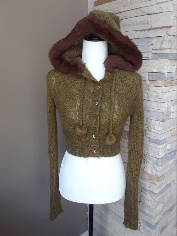 Vintage 90s Cropped Cardigan Sweater, Faux Fur Hoo