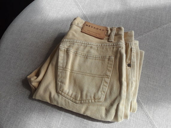 90s Sand Beige Straight Leg Jeans / Pleated Denim