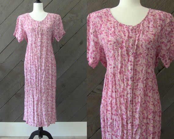 Vintage 90s Ditsy Floral Sundress/ Pink Rose Print