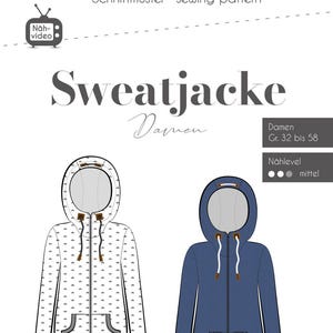 Könnte beinhalten: Ein Schnittmuster für ein Kapuzen-Sweatshirt mit zwei verschiedenen Farboptionen: Weiß mit schwarzem Muster und einfarbig blau. Das Schnittmuster ist für die Größen 32 bis 58 und ist mit "Sweatjacke Damen" gekennzeichnet.