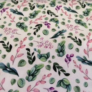 Cotton Jersey Eucalyptus Flowers Pink Grey Green in Mini Miss by Julie