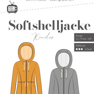 Könnte beinhalten: Ein Schnittmuster für eine Softshelljacke für Kinder, Größen 74 bis 164 cm. Das Schnittmuster beinhaltet zwei Farboptionen: Senfgelb und Grau. Das Schnittmuster ist mit "Softshelljacke Kinder" und "Nählevel schwer" (Nählevel: schwierig) beschriftet.