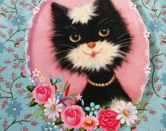 Jersey-paneel met ontwerp van een zwart katje/kitten, gemaakt door Fiona Hewitt.