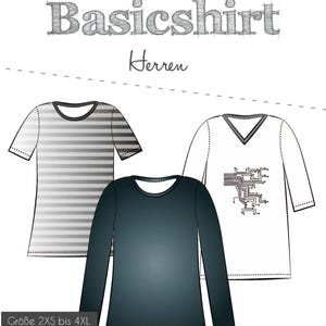 Könnte beinhalten: Ein Schnittmuster für ein Basic-Shirt mit drei verschiedenen Styles: ein gestreiftes Kurzarm-Shirt, ein Langarm-Shirt mit Rundhalsausschnitt und ein Langarm-Shirt mit V-Ausschnitt. Das Schnittmuster ist in den Größen 2XS bis 4XL erhältlich. Der Text "Basicshirt Herren" ist oben im Bild sichtbar.