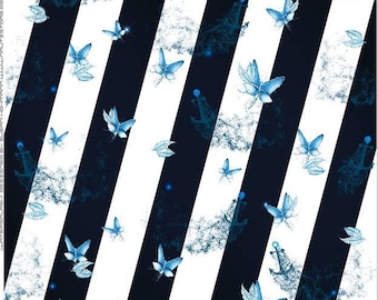 French Terry Panel met nautische ankerstrepen en vlinders, marineblauw en wit | Zomerse sweatstof van jersey met nautisch design | Nautistore