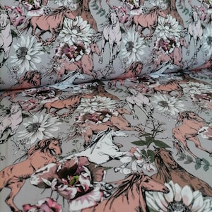 French Terry Summersweat Romantic Horses pink white black on grey