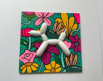 Resin Wall Art Flower Balloon Dog , Whimsical Art, Resin Sculpture, Nursery Wall Decor