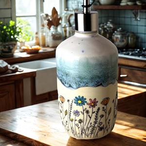 May include: A ceramic oil dispenser with a cream-colored base featuring hand-painted black line art of various wildflowers with blue, pink, and orange petals. The top section has a blue and white drip glaze, topped with a silver metal pour spout.