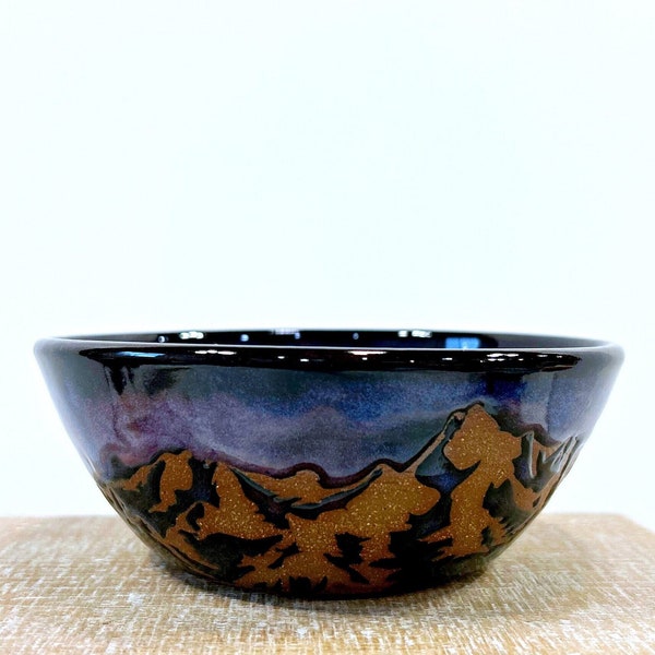 Purple Mountain Soup or Cereal Bowl, Wheel Thrown Stoneware Pottery Bowl with Majestic Mountains