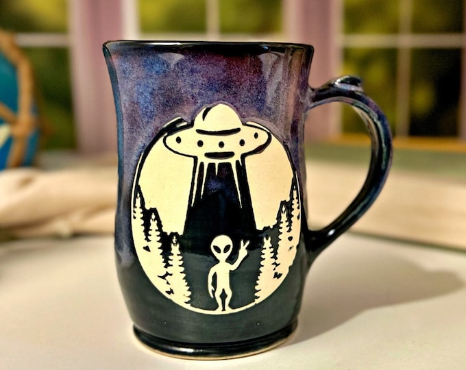 Handmade Alien Spaceship Stoneware Mug: Whimsical Pottery Gift