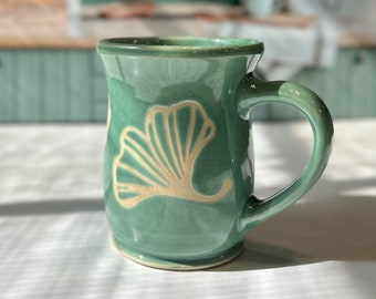Green Gingko Biloba Leaf Stoneware Coffee Mug, Handmade Ceramic Coffee or Tea Mug, Earthy Green Mug