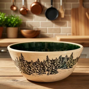 May include: A ceramic mixing bowl with a cream-colored exterior featuring a detailed black and green ink-style illustration of a dense pine forest. The interior of the bowl is finished in a deep, glossy forest green glaze, creating a contrast.
