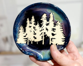 White Pine Tree Northern Lights Stoneware Spoon Holder for Stove, Ceramic Spoon Holder, Utensil Holder