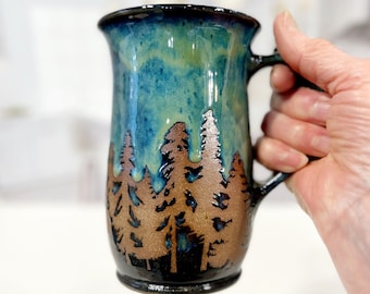 Woodland Forest Mug, Nature Mug, Pine Tree Mug, Gift for Him/Her, Stoneware Pottery Mug, Wheel Thrown Pottery