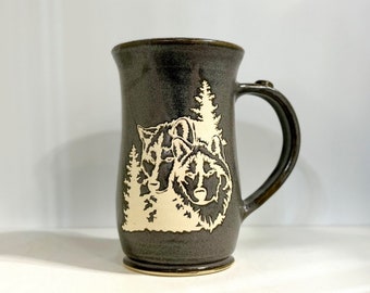 Gray Wheel Thrown Stoneware Pottery Wolf Coffee or Tea Mug