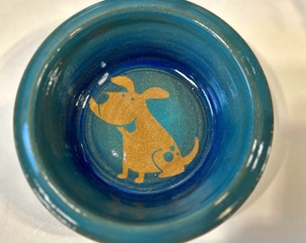 Small Blue Dog Dish, Small Wheel Thrown Stoneware Pottery Blue Multi-Colored Dog Dish