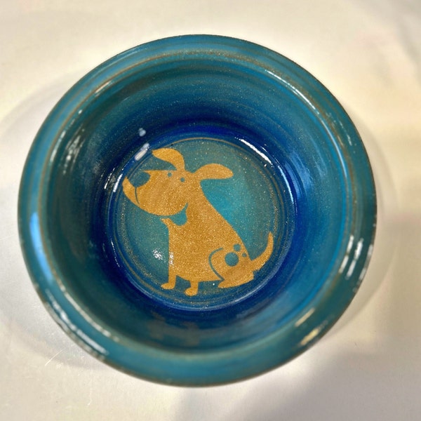 Small Blue Dog Dish, Small Wheel Thrown Stoneware Pottery Blue Multi-Colored Dog Dish