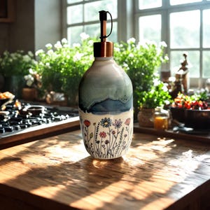 May include: A ceramic oil dispenser with a rounded body featuring a white base, a blue-green glazed top, and a hand-painted floral pattern of small colorful flowers. It includes a metallic copper-colored pour spout with a black cap on top.